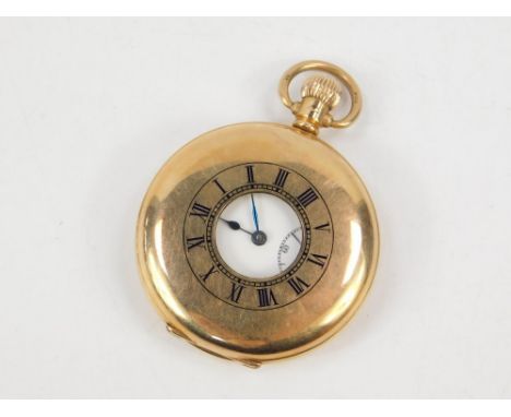 A gentleman's 9ct gold half hunter pocket watch, keyless wind, enamel dial bearing Roman numerals, subsidiary seconds dial, b