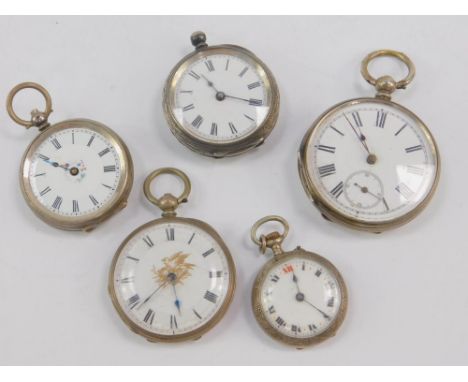 A Victorian lady's silver cased pocket watch, open faced, key wind, enamel dial bearing Roman numerals, floral engraved case 