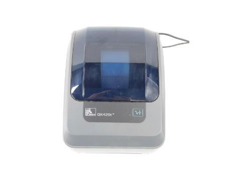 A Zebra label printer, GK420T, with software CD, and instruction leaflet.