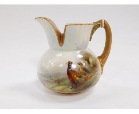 A Royal Worcester Porcelain jug painted by James Stinton with pheasants, c1903, signed, shape No 1438, printed marks, 11.5cm 