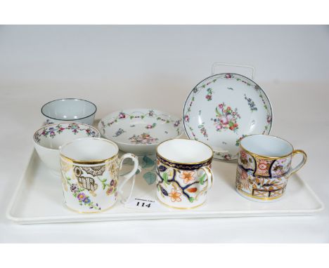 Three early 19th century Coalport porcelain coffee cans circa 1820/30, a monochrome printed teabowl, a floral decorated teabo