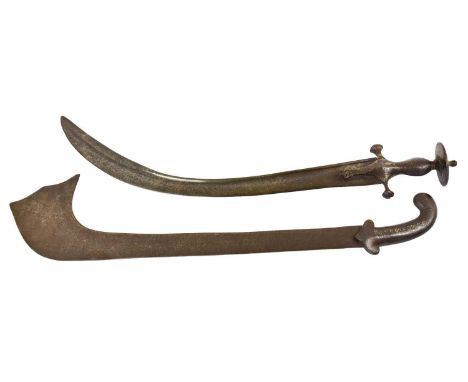 A 19th Century Nepalese Kora, with 62cm single edge broad steel blade curved to the fish-tail point, the iron pistol grip hil