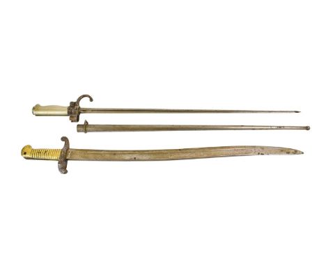 A French M1842 Yataghan Sword Bayonet, the 56cm fullered steel blade inscribed Mutzig to one side of the ricasso, the opposin