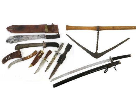 Seven Various Edged Weapons, comprising a US Legitimus machete by Collins &amp; Co., dated 1943, with crushed leather scabbar