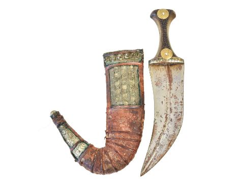 An Eastern Jambiya, the 19cm double edge steel blade with raised medial ridge, waisted horn grip and leather scabbard with wh