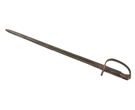 A British 1879 Pattern Artillery Sword Bayonet, the 65.5cm sawback fullered blued steel blade stamped on one side of the rica