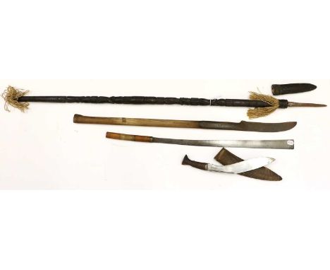 A Burmese Dha, the 64cm steel blade with squared off tip, the bamboo hilt with a chevron woven cloth bound grip, lacks scabba