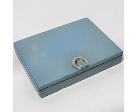 An early 20th century Cartier blue enamelled silver gilt ladies powder compact, of rectangular shape inset with a mirror, wit