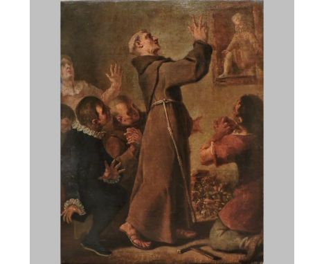 Continental School, 19th century, a group portrait with a monk preaching, oil on canvas, 77 x 61cm unframed