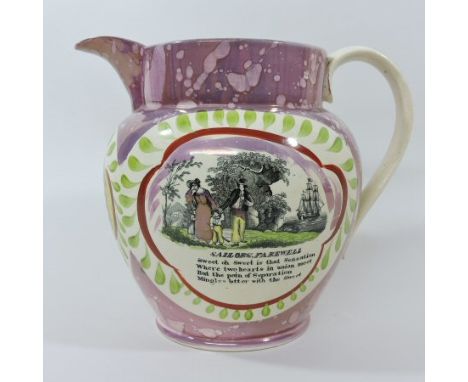 An early 19th century Sunderland lustre jug, transfer decorated with The Sailors Farewell and The Iron Bridge, within a splas