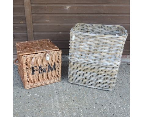 A cane log basket, 48cm, together with a wicker hamper