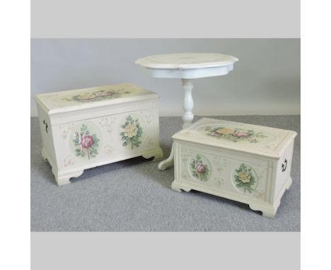 A cream and floral painted blanket box, 61cm, together with another smaller, a white painted tripod table, a floral painted m