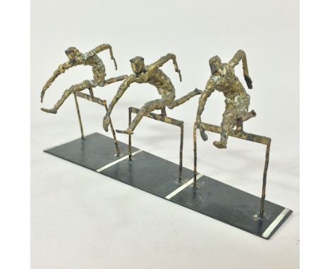 L. Ehciley, 20th century, a bronze sculpture of three hurdlers, 19cm tall