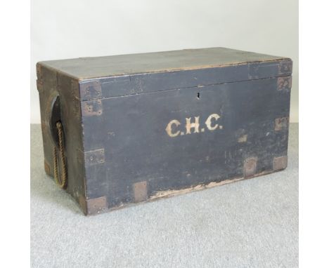 A black seaman's trunk, with rope handles, painted with initials C.H.C., 97cm