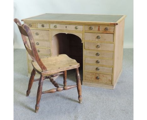 A 19th century pine pedestal desk, on a plinth base, 123cm, together with a knife back chair