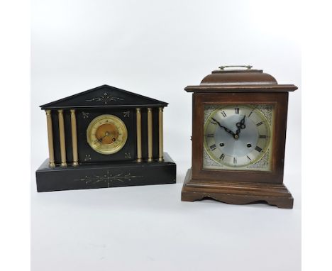 A Victorian black slate mantel clock, 32cm tall, together with a bracket clock