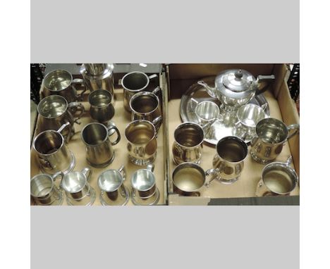 A collection of pewter mugs, a cocktail shaker, silver plated tea set and plated cups