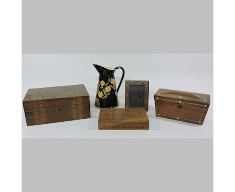 A Bargeware jug, 25cm tall, together with an inlaid jewellery box, a Regency rosewood tea caddy and a sewing box 