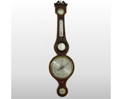 A 19th century mahogany and boxwood strung wheel barometer, the case surmounted by a swan neck pediment, and inset with four 