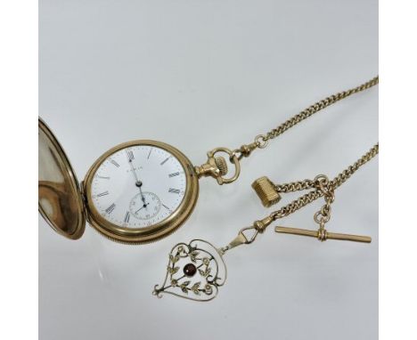 An early 20th century Elgin gold plated full hunter pocket watch, with a signed white enamel dial, the engine turned case num