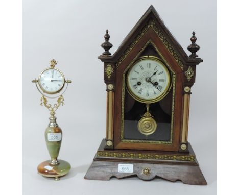 A 19th century American mantel clock, 44cm tall, together with a green onyx mantel clock