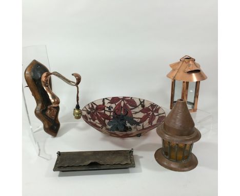 An Art Nouveau style copper wall light, with glass shade, a  copper lantern, together with another, a Tiffany style glass lam