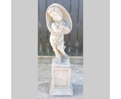 A stone figure of a cherub, on a pedestal base, 107cm tall overall