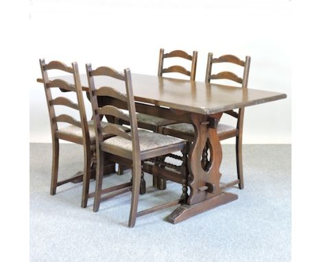 A mid 20th century Ercol dark elm refectory table, 166 x 75cm, together with a set of four dining chairs