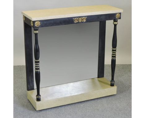 An Empire style ebonised simulated marble top console table, with a mirrored back, 92cm