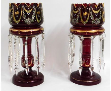 A pair of large ruby glass Victorian lustres with enamelled decor, 440mm high