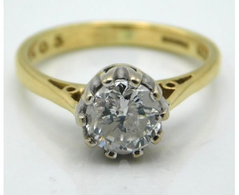 An 18ct gold solitaire ring with Tiffany style platinum mounted diamond of 1.05ct & J colour, size J/K, 4.5g