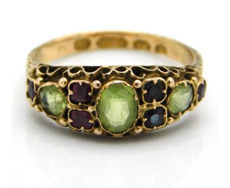 A Victorian 15ct gold ring dating to 1870 & set with peridot, garnet & blue stones, 1.9g, size L/M