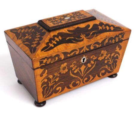A Regency period inlaid rosewood tea caddy, 228mm wide x 150mm high x 135mm deep
