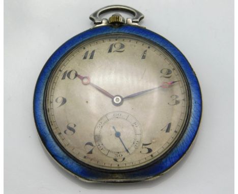 An antique shagreen backed silver pocket watch with enamel to case, 54.8g, case 50mm diameter, running