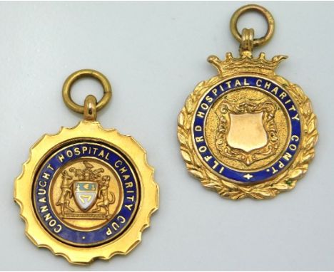 Two 1920/30's 9ct gold &amp; enamel sporting medals, Ilford &amp; Connaught Hospital's, 13.4g