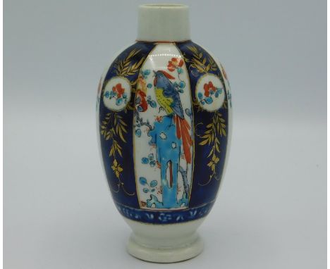 An 18thC. first period Worcester porcelain vase with exotic bird decor & gilding with cobalt & white panels, hatch mark to un