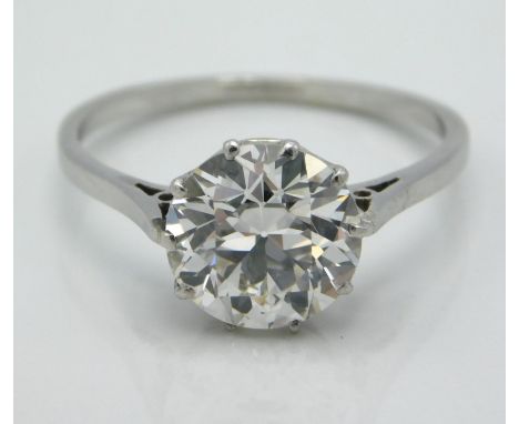 An impressive antique platinum diamond solitaire ring, lively old European cut diamond approx. 2.88ct, stone approx. 9.1mm x 