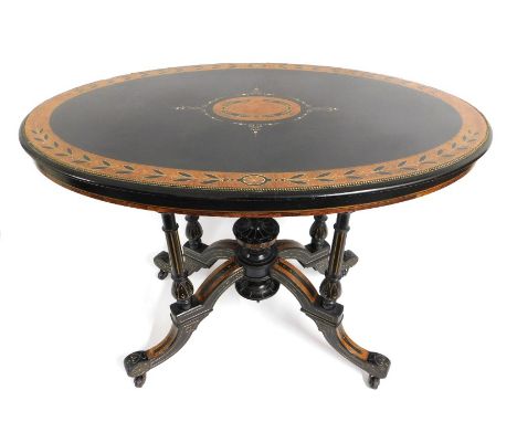 A Regency style table with lacquered decor, inlaid walnut &amp; lacquer decor with ceramic wheels, 920mm wide x 602mm deep x 