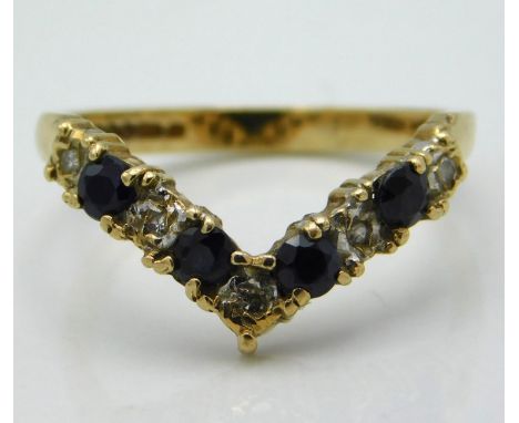 A 9ct gold wishbone ring set with sapphire & five small diamonds, 2.2g, size M