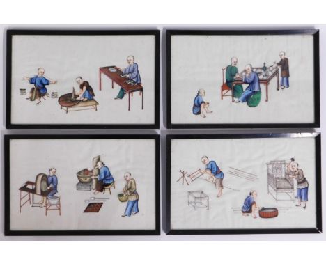 Four framed Chinese rice pictures depicting Druggists & Doctors, Shoemakers, Jet Stone Bangle Grinder & Bamboo Chair Maker, e