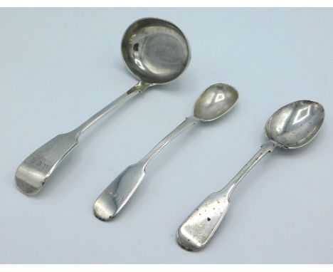 An 1865 Victorian Exeter silver sauce ladle by Thomas Hart Stone, twinned with an 1861 Exeter mustard spoon by same maker twi