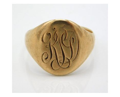 A antique yellow metal signet ring, monogrammed, tests electronically as 9ct gold, 9g, size P/Q