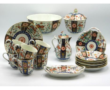 A first period 18thC. Worcester part tea set of 18 pieces comprising lidded cream jug, sugar bowl & cover, a bowl, a dish, si