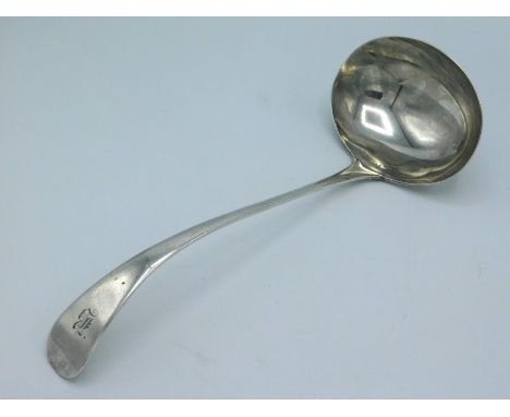 A 1904 Edwardian Sheffield silver soup ladle by Henry Williamson Ltd. monogrammed 'B', 290mm tall, approx. 230g