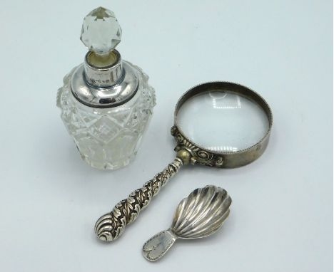 A c.1824 George IV London silver William Chawner caddy spoon, tidy silver repair to rear of handle, twinned with a Chester si