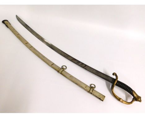 An antique military sabre with scabbard & brass handle, 970mm long