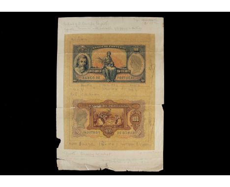 Portugal, a stunning pair of original hand drawn design essays for the face and reverse of a 100 Escudos note, produced most 