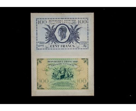 France Tresor Central, an original pair of design essays for the face and reverse of a 100 franc note issued by the Allied Mi
