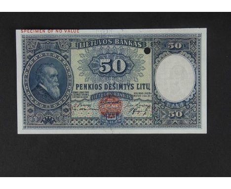 Specimen Bank Note:  Lithuania specimen 50 Litu, dated 1928, issued by Lietuvos Bankas, five signatures, no serial number, re