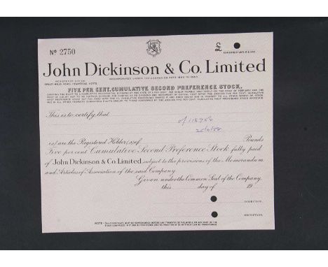 John Dickinson & Co Ltd Specimen share certificate, likely produced by Bradbury Wilkiinson & Co,  measuring 23.7cms x 20.0cms